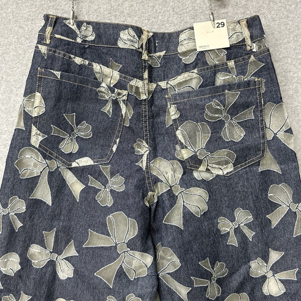 Forever 21 Premium Sheer Bow Denim Jeans High Rise Wide Leg Y2K Coquette 29 NWT - Picture 6 of 10